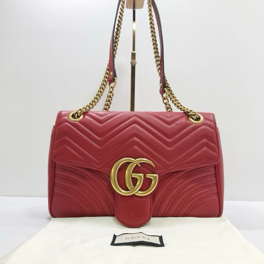 95新 GUCCI/古驰 红金全皮马尔蒙大号单肩斜挎包/公价24800