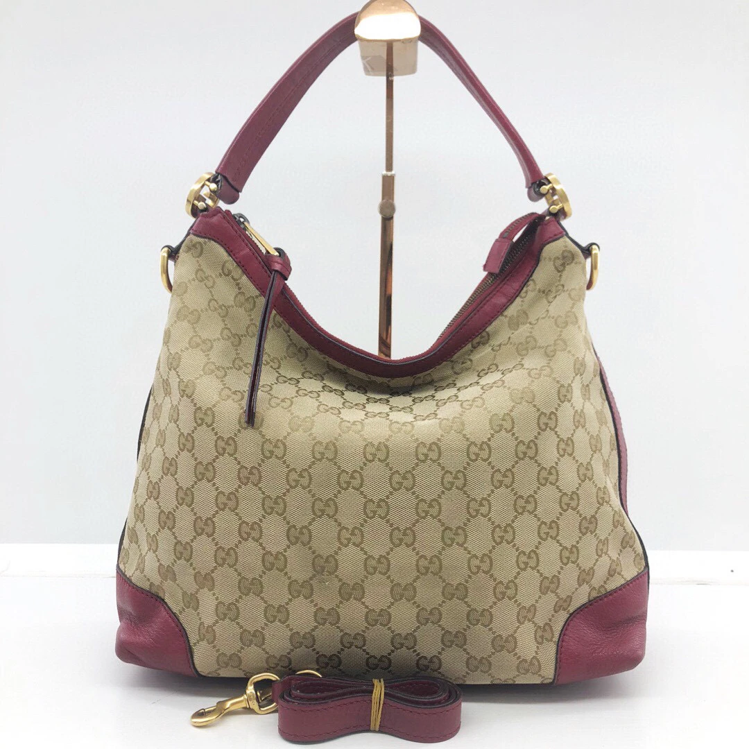 95新 GUCCI/古驰 97新/老花帆布拼皮手提单肩腋下包/公价11800