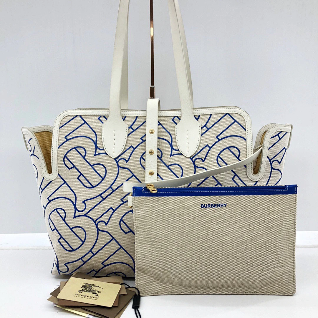 95新 BURBERRY/博柏利 97新/白帆布拼皮托特手提单肩包/公价13800