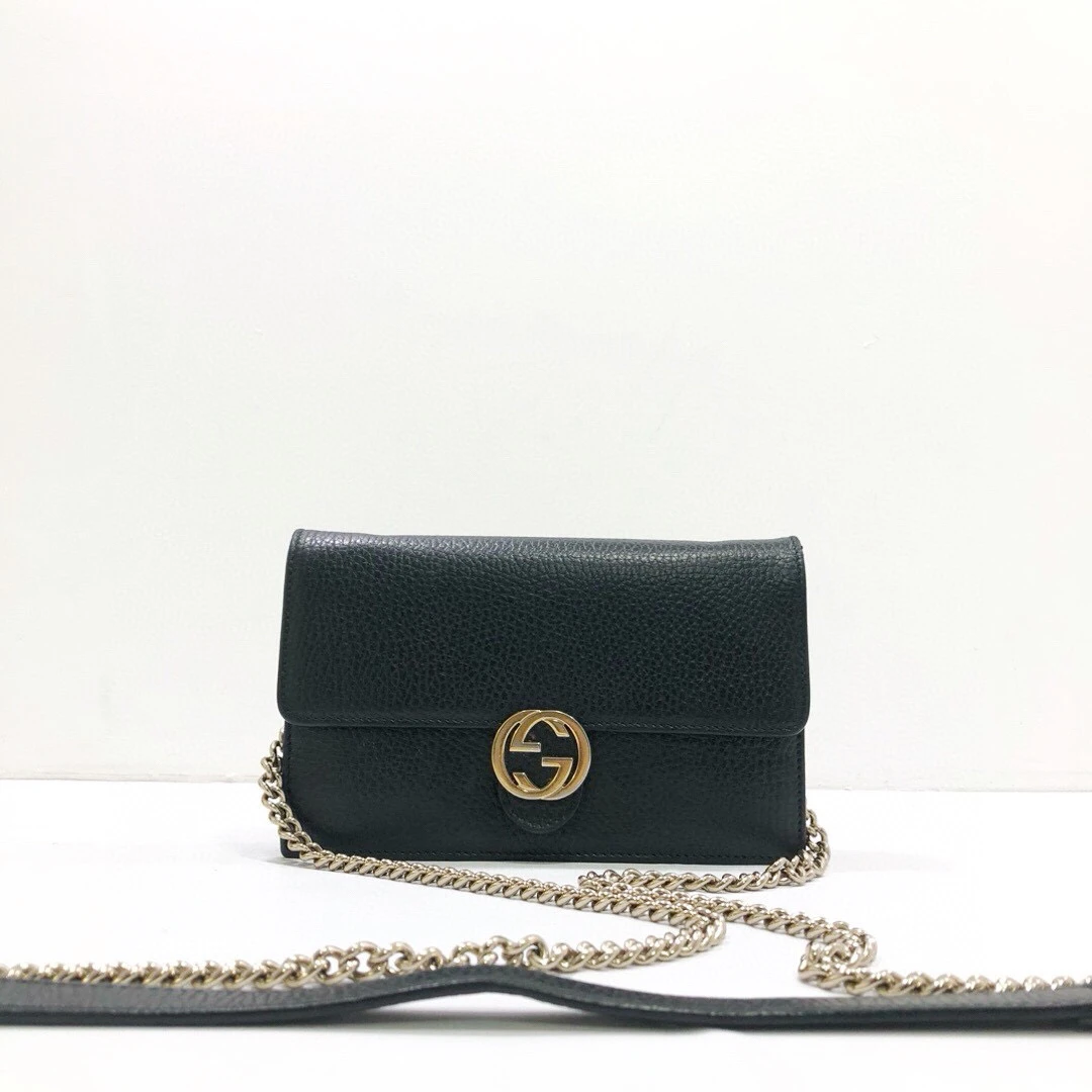 95新 GUCCI/古驰 全皮黑金双G全皮荔枝纹woc单肩斜挎包/公价11800
