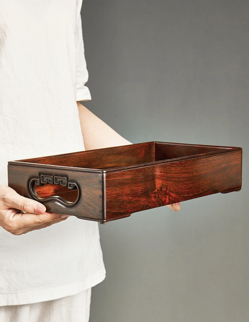 【木虫臻品】奢侈品大红酸枝茶具文盘果盘长方形茶几茶盘家用简约