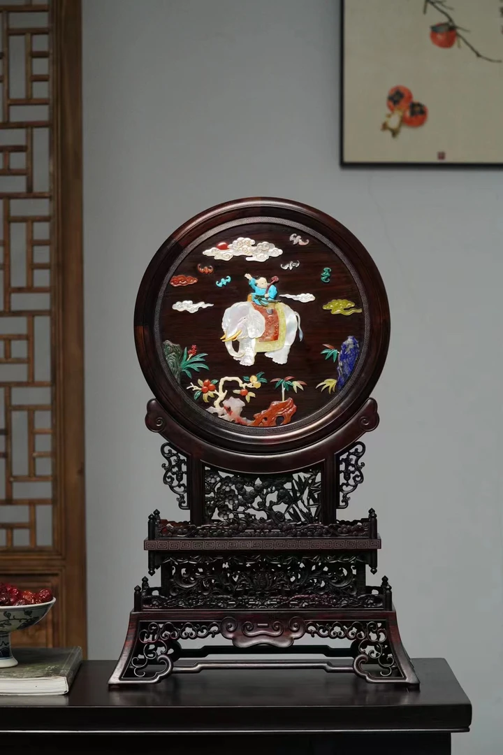 【木虫臻品】奢侈品大红酸枝镶嵌百宝吉祥如意台屏高端别墅摆件