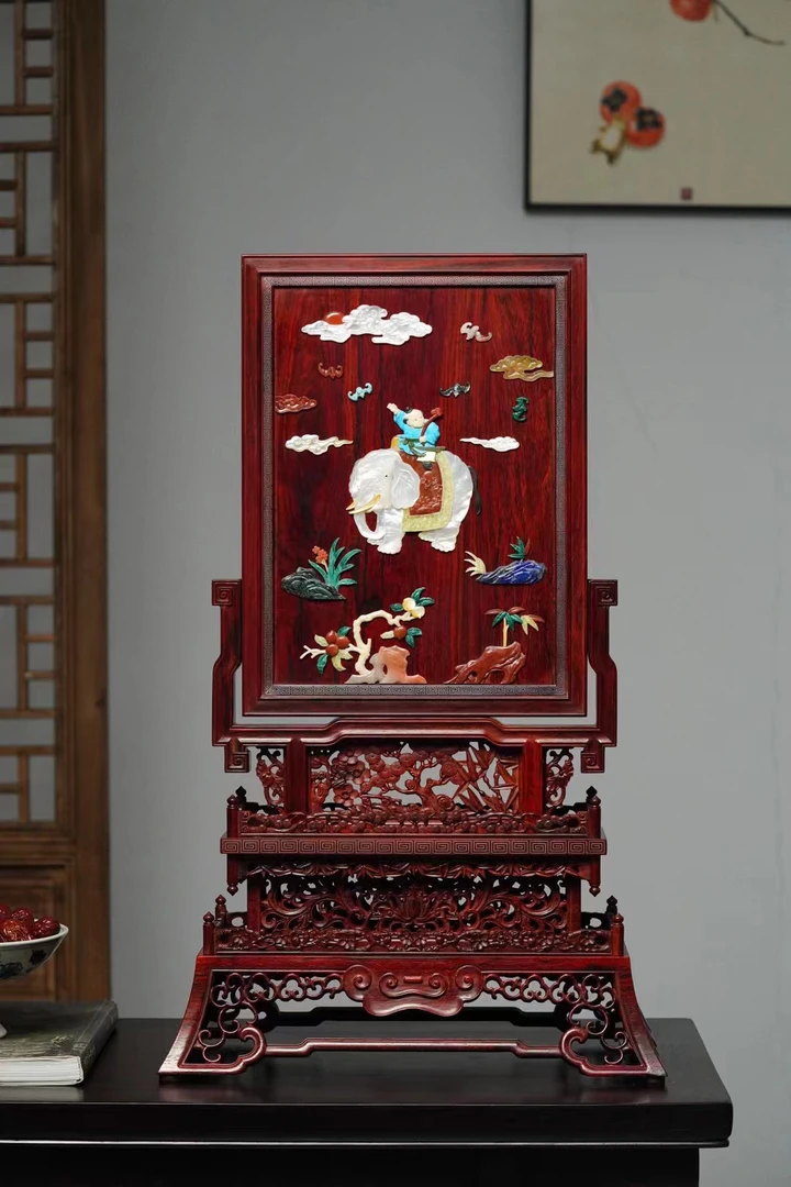 【木虫臻品】奢侈品印度小叶紫檀镶嵌百宝吉祥如意台屏高端别墅摆件