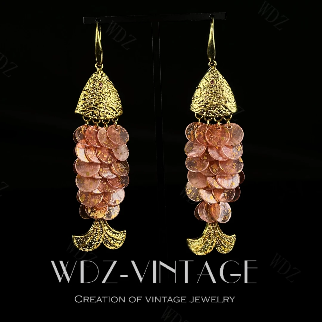 铜合金耳饰 鱼跃龙门--中古vintage首饰饰品复古彩色手工轻奢耳环