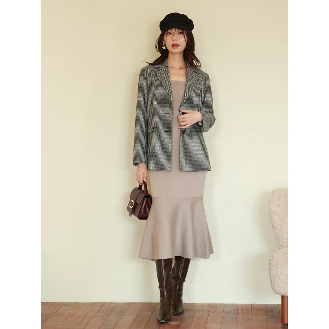 【强哥外贸】 S 秋季新款 气质时尚休闲翻领格纹复古西装