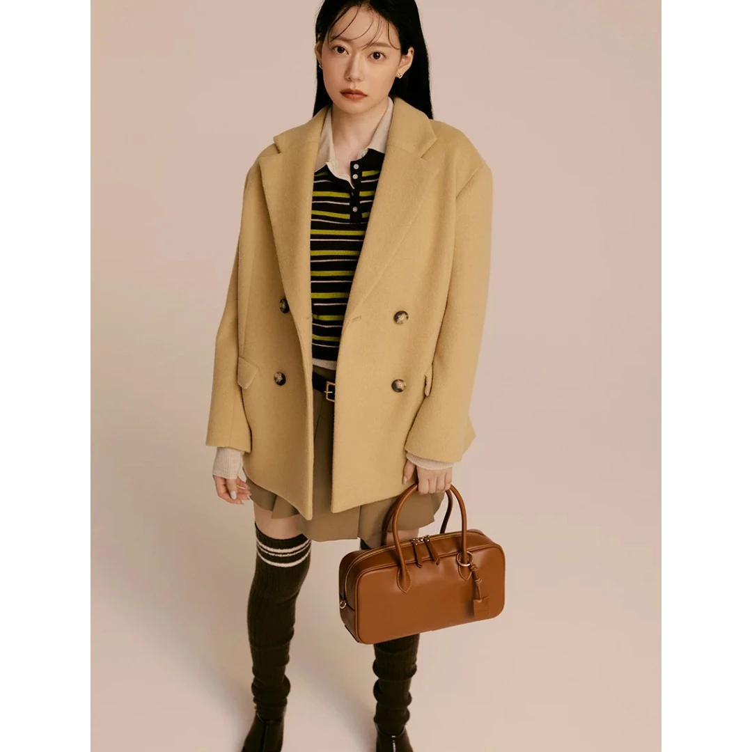 【强哥外贸】 秋冬杂志款 S 翻领双排扣羊毛呢西装大衣外套