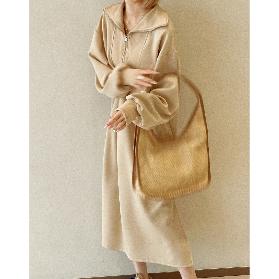 拼接撞色长袖 O 宽松翻领拉链下摆开衩卫衣裙 【胖虎家】