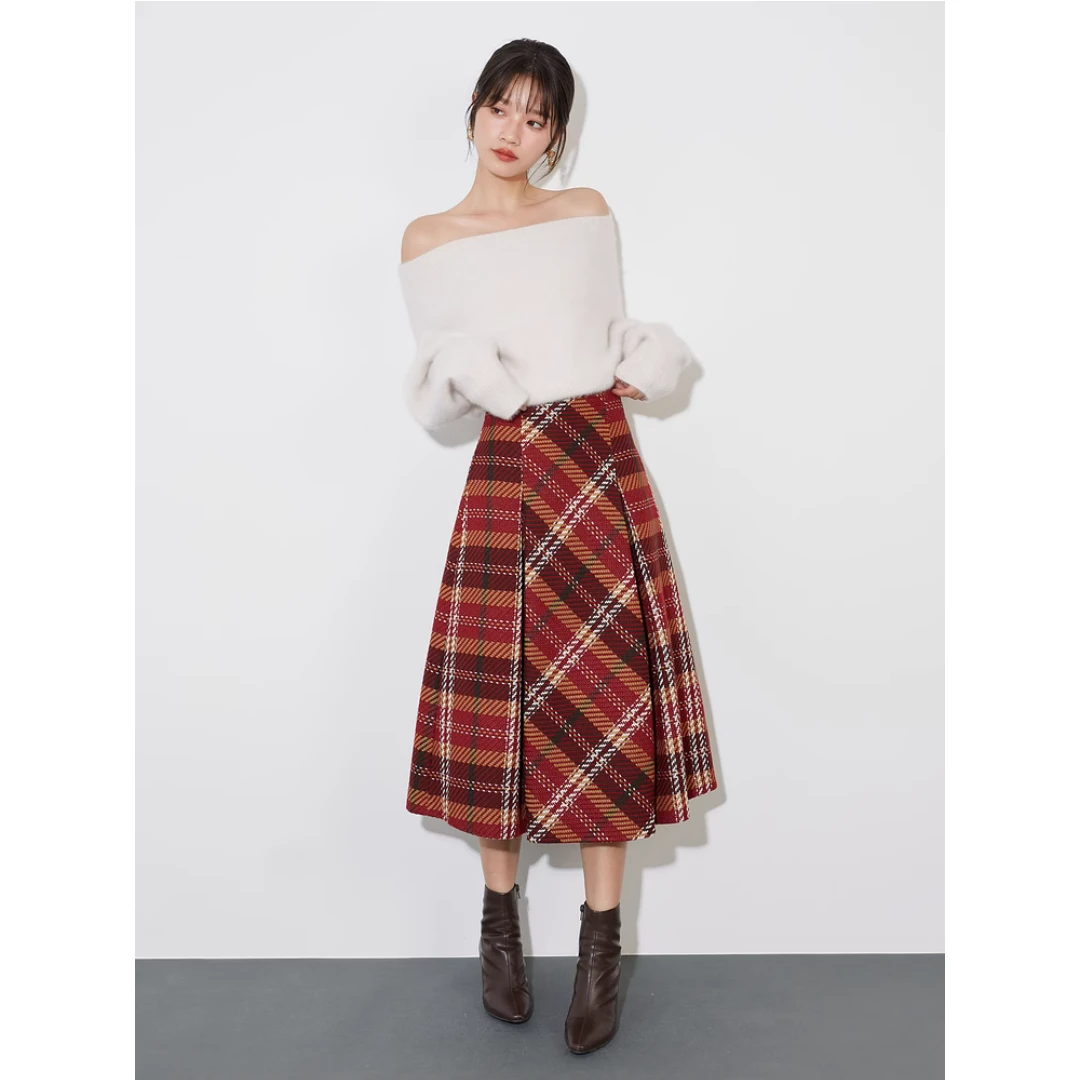 【MonTendre】  明星杂志款 S 高腰压褶A字经典格纹半身裙