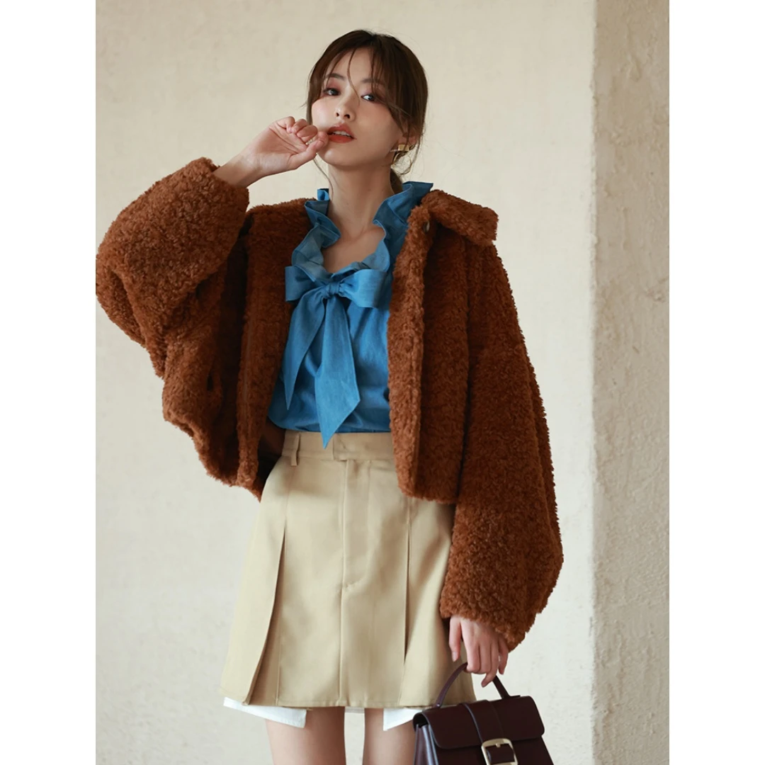 【MonTendre】 S 秋季新款 时尚宽松仿羊羔绒保暖落肩短外套