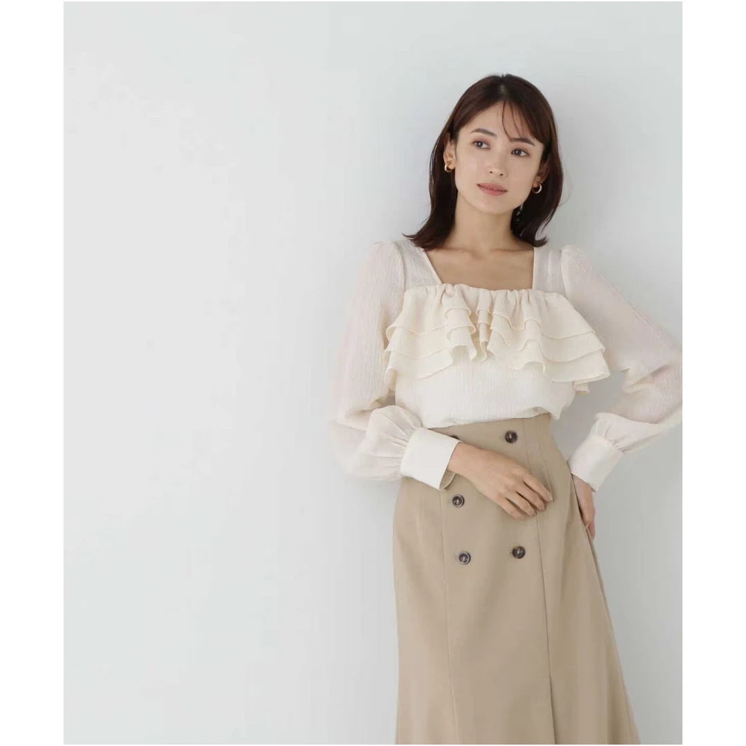 【强哥外贸】 N 秋季新款 纯色时尚百搭褶边方领荷叶边衬衫