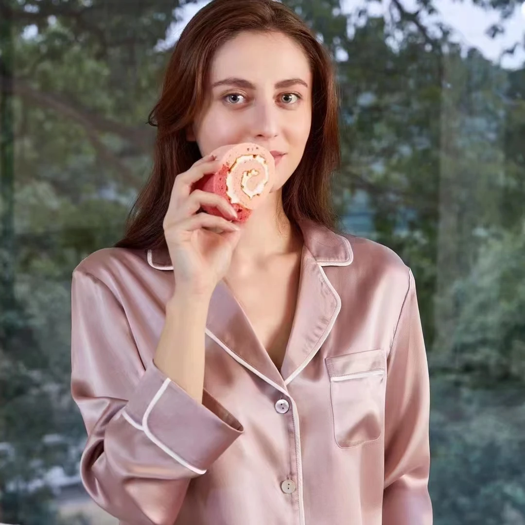 丝域安泰100%桑蚕丝睡衣女套装长袖轻奢时尚女士薄款简约纯色舒适