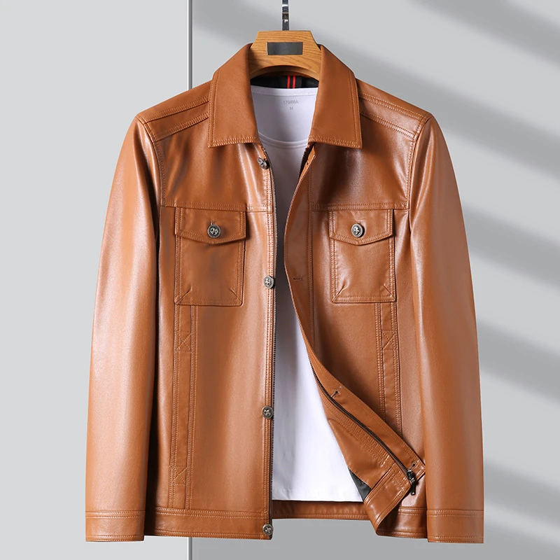2023春季新款皮衣男薄款工装风皮夹克单款棕色皮衣夹克外套男
