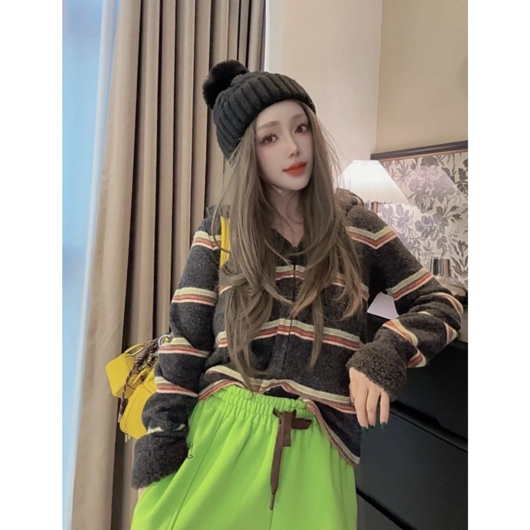 2024秋冬新款时尚休闲条纹连帽外套卫衣开衫毛衣针织长袖7563