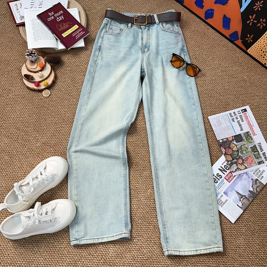 【伊人风尚服饰推荐】2024秋季新款做旧配腰带阔腿裤牛仔裤7301