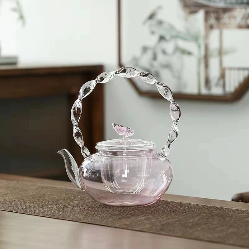S120粉色蝴蝶麻绳提梁高透高硼硅加热温茶泡玻璃茶壶2580
