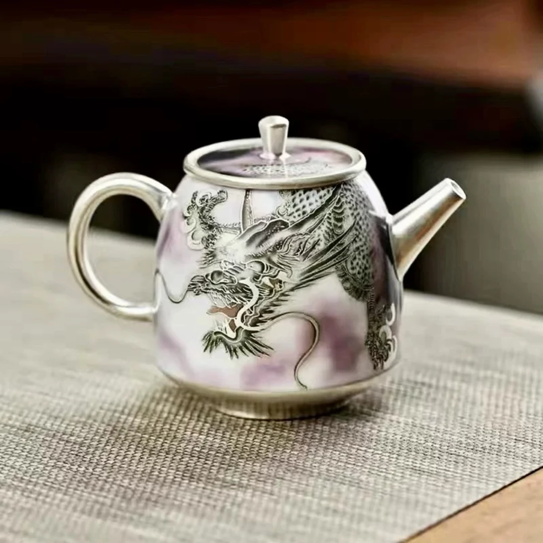 K216鎏银染红飞龙纹茶壶家用茶具泡茶乐山壶礼盒装2999