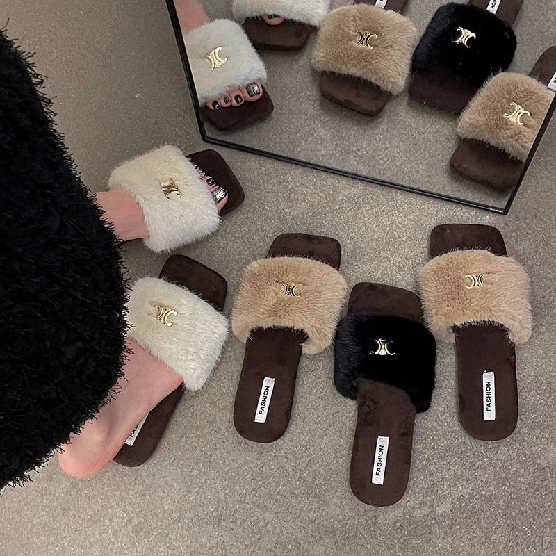 时尚百搭温柔仙女风晚晚风毛毛鞋女外穿2024秋冬新款一字拖毛毛拖