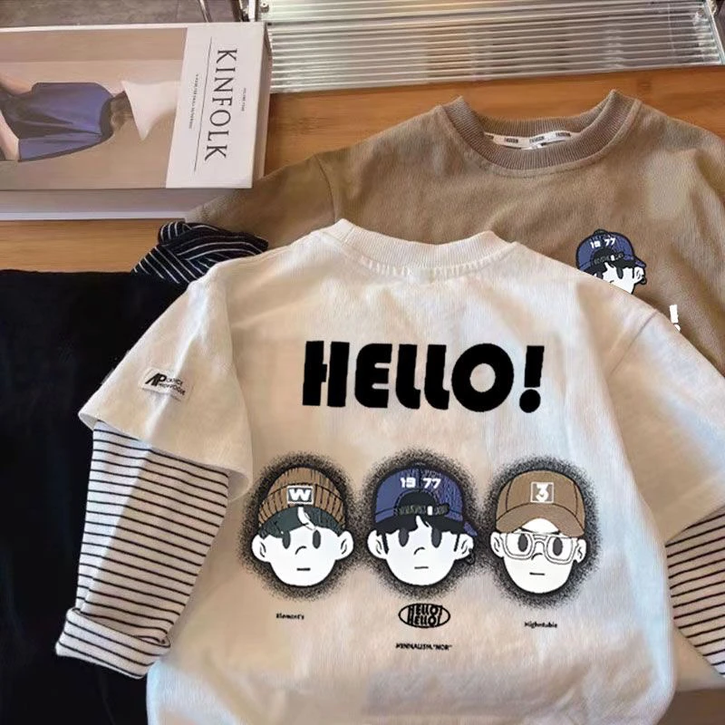 男童纯棉T恤春秋款女儿童卡通印花2024长袖百搭上衣假两件打底衫t