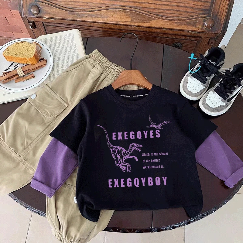 男童纯棉假两件长袖T恤2024春秋儿童新款宝宝恐龙打底衫上衣t外穿