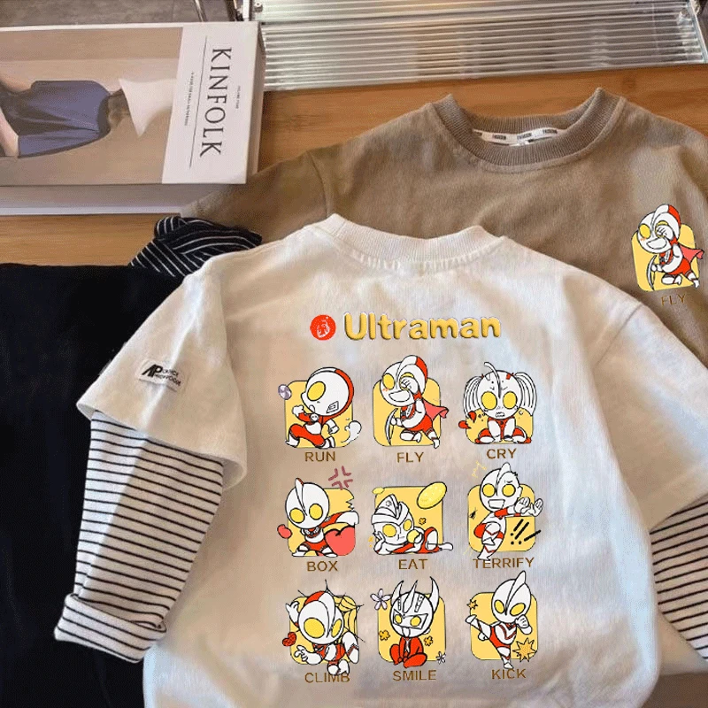 春秋装中小童纯棉上衣长袖假两件t恤男童奥特曼衣服宝宝外穿打底T