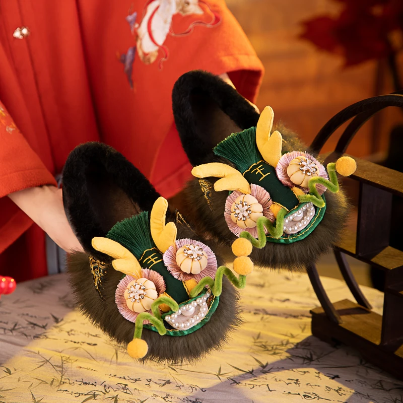 黑色保暖虎头棉鞋龙王头虎头鞋汉服鞋绣花鞋国风原创时尚冬款