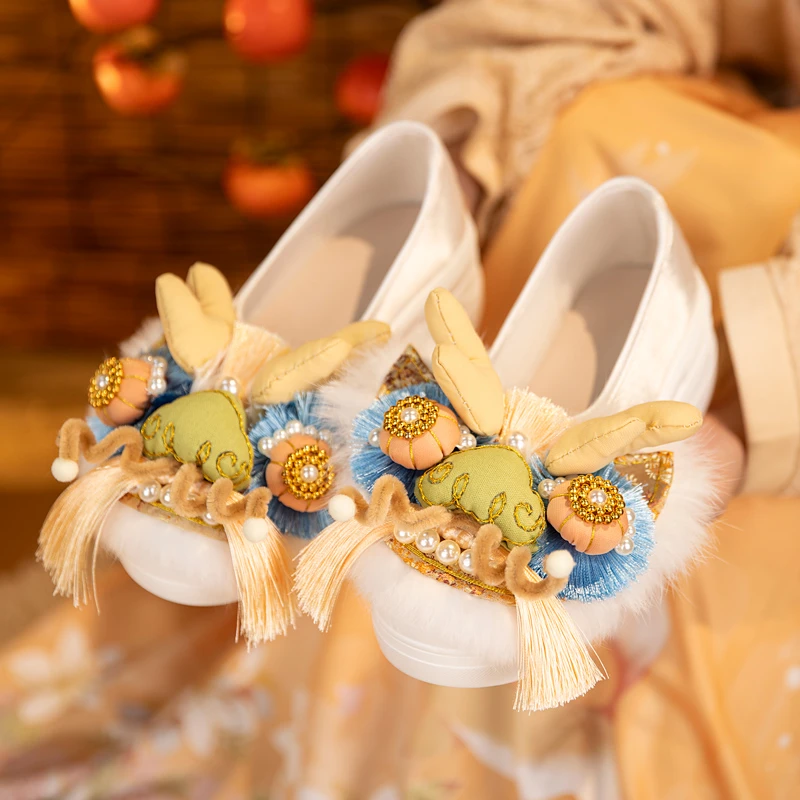 复古仿兔毛防滑百搭软底中式虎头古风国风虎头鞋古风鞋民族龙头鞋