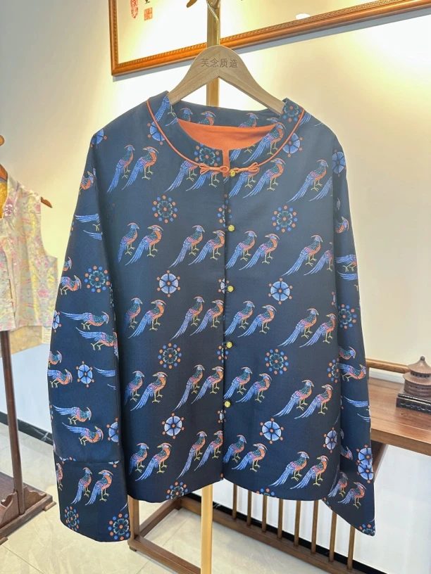 翟鸟纹老宋锦桑蚕丝新中式圆领正襟外套