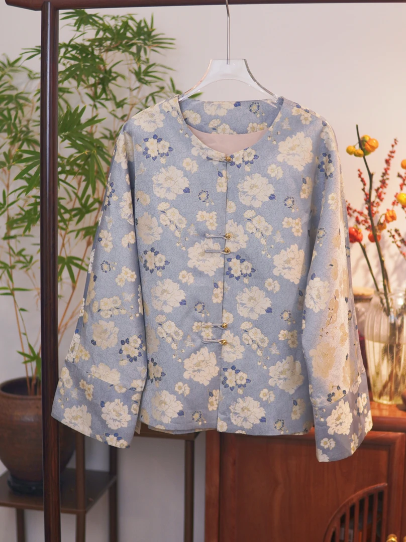 山茶花老宋锦桑蚕丝新中式外套手工一字扣桑蚕丝