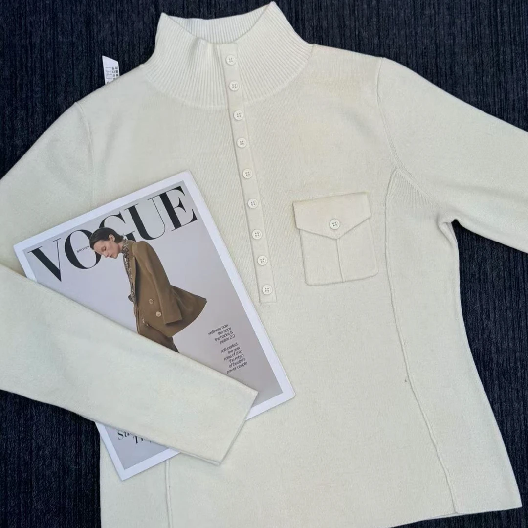 ZM24年秋冬新款半开襟单口袋设计半高领羊毛针织衫