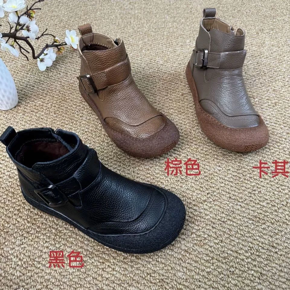 头层牛皮妈妈短靴秋冬加绒防滑厚底中老年平底保暖皮靴拉链民族风