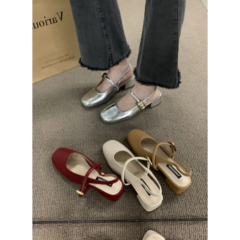 法式银色方根高跟鞋包头凉鞋仙女鞋子新款秋季配裙子玛丽珍粗跟鞋