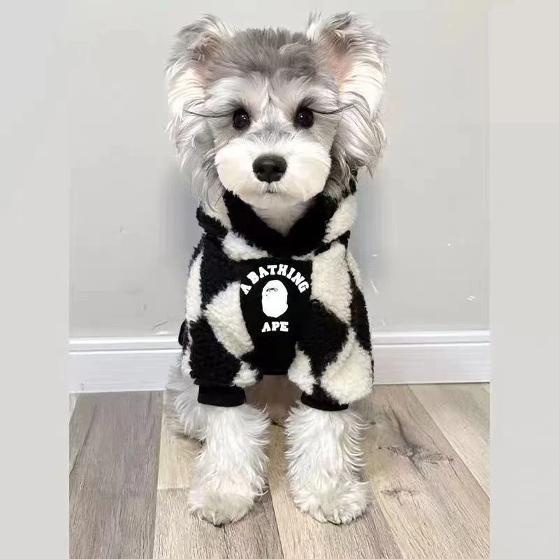 宠物猫咪狗狗衣服秋冬装棋盘格拼色连帽卫衣加绒保暖雪纳瑞柴犬潮