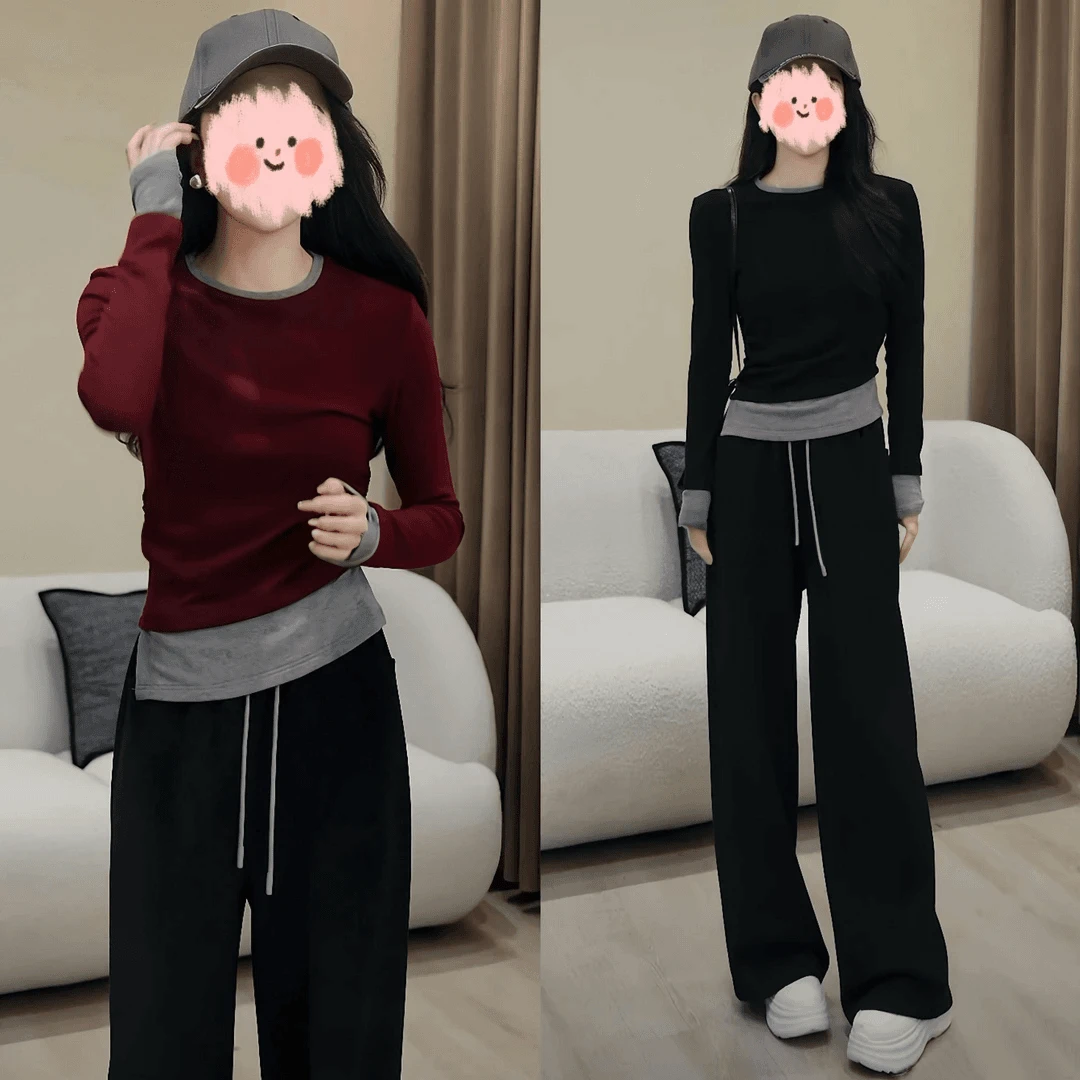 2024年新款时尚拼接假两件百搭长袖针织上衣搭高腰显瘦垂感阔腿裤