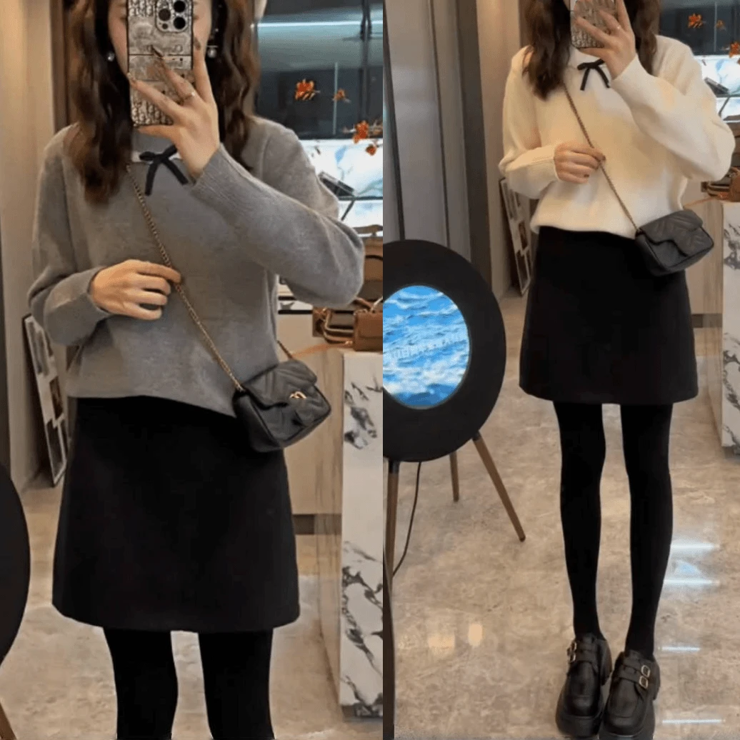 秋冬新款韩版时尚气质小香风宽松套头毛衣百搭黑色显瘦高腰短裙