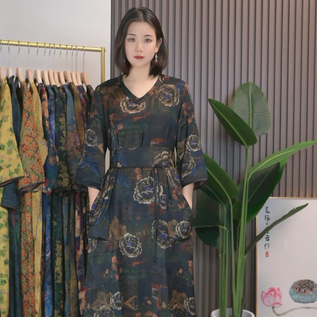 【莨锦】双面双穿2023，007新款香云纱复古改良旗袍提花国风真丝