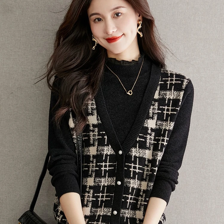 大码女装蕾丝拼接半高领假两件针织衫秋冬新款气质百搭打底衫1750