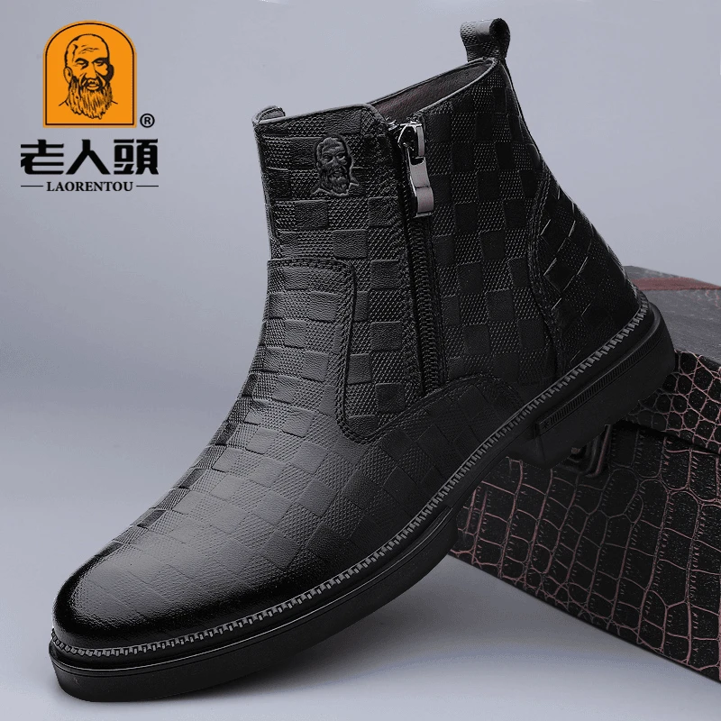老人头男鞋冬季男款高帮商务休闲皮鞋时尚加绒保暖高帮加绒男鞋
