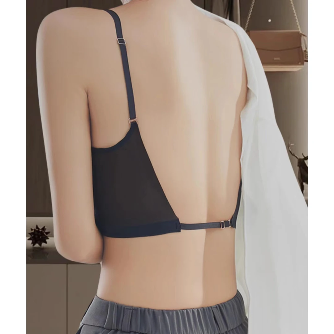 冰丝内衣女无痕文胸大露背美背礼服小吊带打底细肩带无钢圈胸罩薄