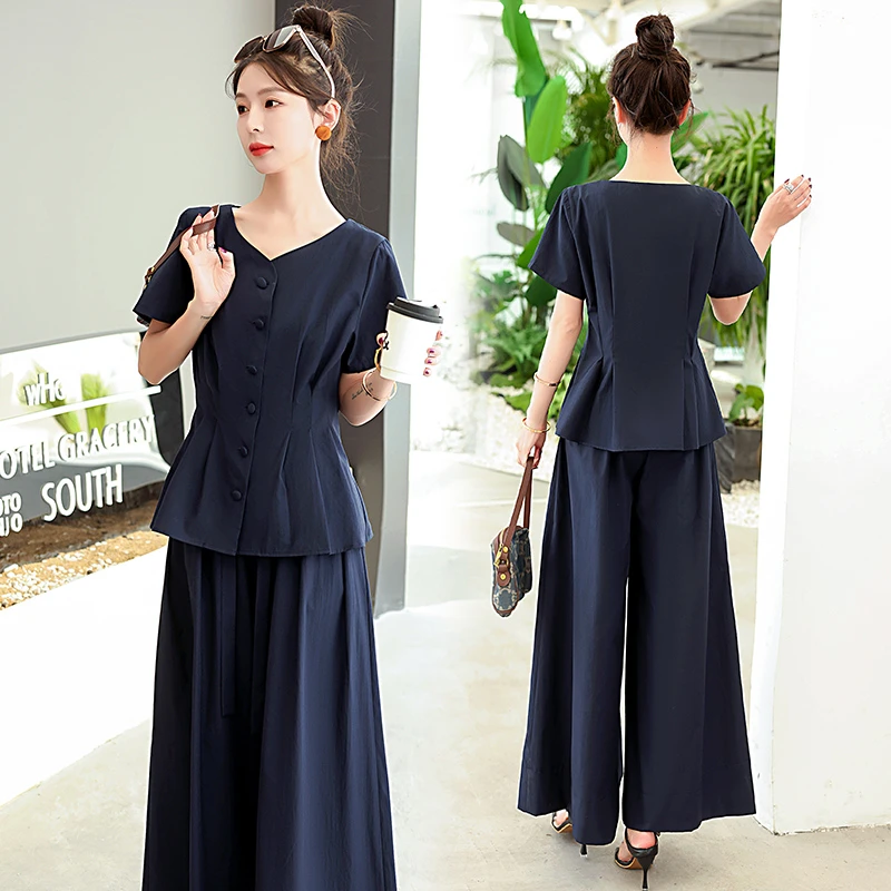 气质高腰阔腿裤套装2025夏季洋气减龄优雅时尚休闲显瘦两件套收腰