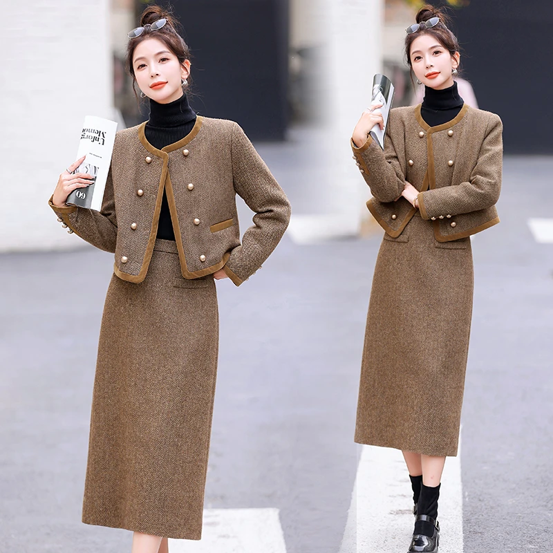 小香风套装2025秋冬新款高级感洋气法式加厚毛呢冬裙两件套职业装