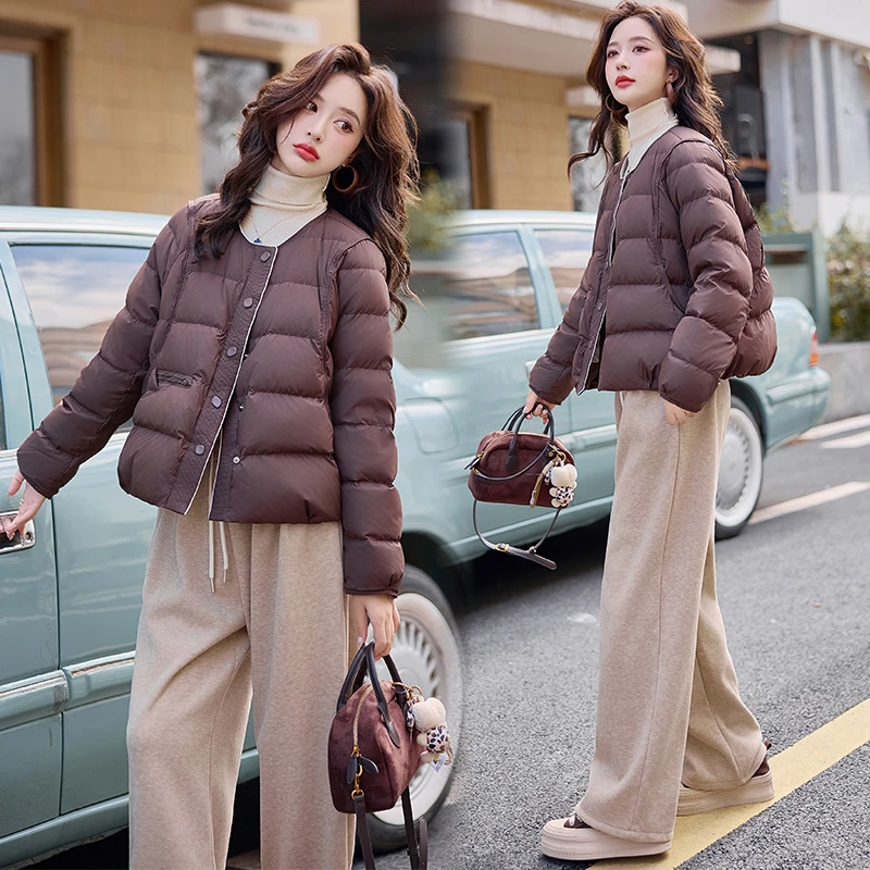 轻薄短款气质羽绒服女2025冬季新款时尚圆领宽松白鸭绒保暖外套潮