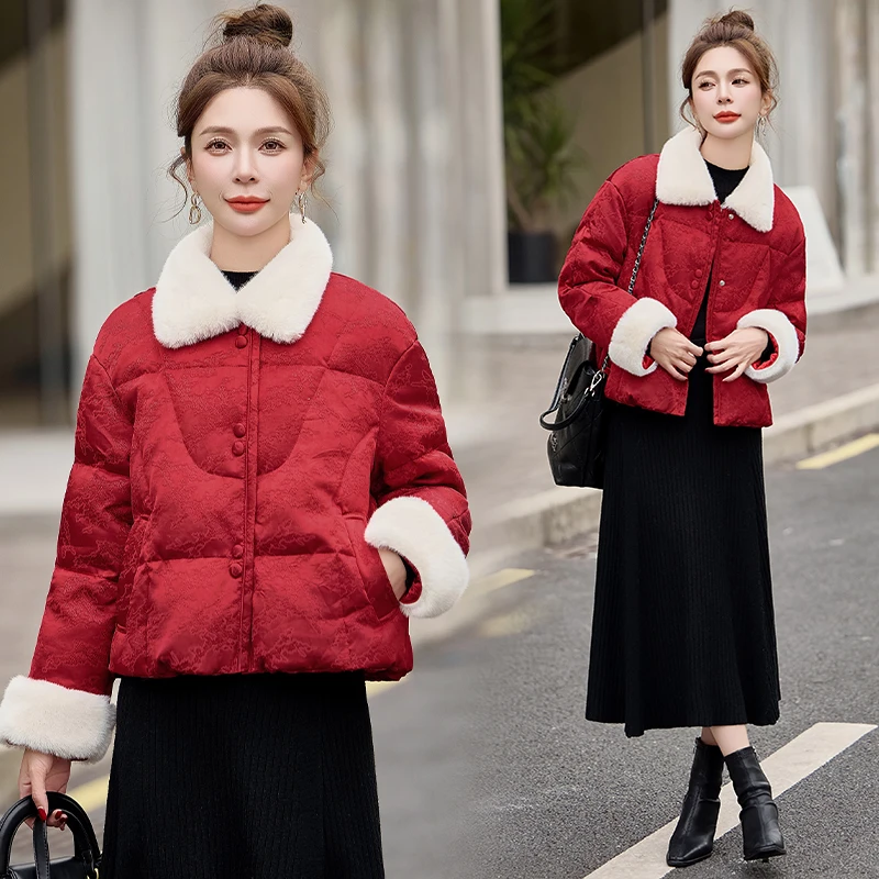 新中式国风复古提花羽绒服女202季新款高级感白鸭绒短款保暖外套