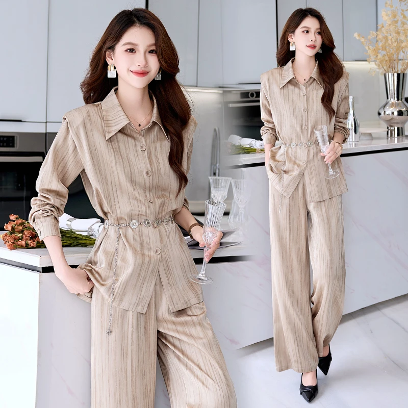 阔腿裤两件套女2025秋季新款高级感宽松显瘦减龄遮肉时尚长袖衬衫