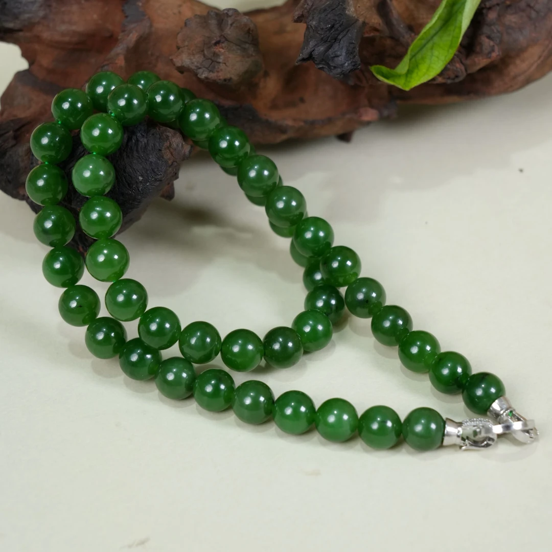 【大缘珠宝】±10mm  俄料 和田玉碧玉老料菠菜绿项链长链气质妈妈