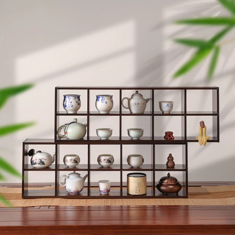 胡桃色博古架竹制多宝阁置物架茶壶展示架茶杯架茶具格子架古典
