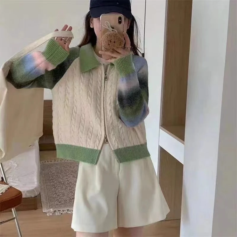 新款撞色拼接针织开衫复古麻花双头拉链毛衣外套