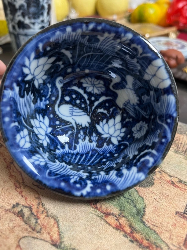 景德镇陶瓷茶具手绘元青花一鹭莲纹饰压手杯主人杯