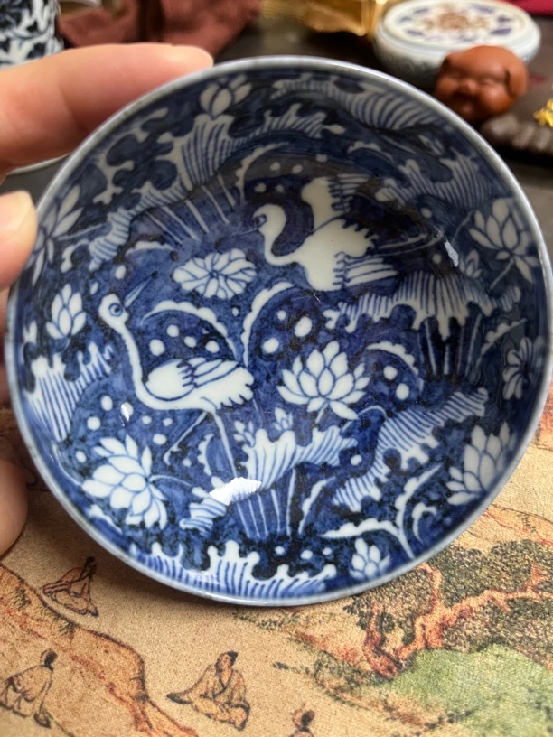 景德镇陶瓷茶具手绘元青花一鹭莲纹饰普洱杯主人杯