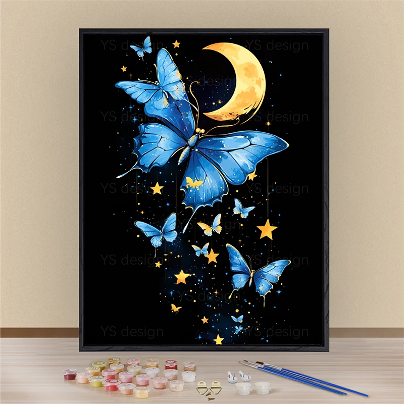 数字油画蓝色蝴蝶画diy填色手工涂色填充创意礼物蝴蝶数字油画