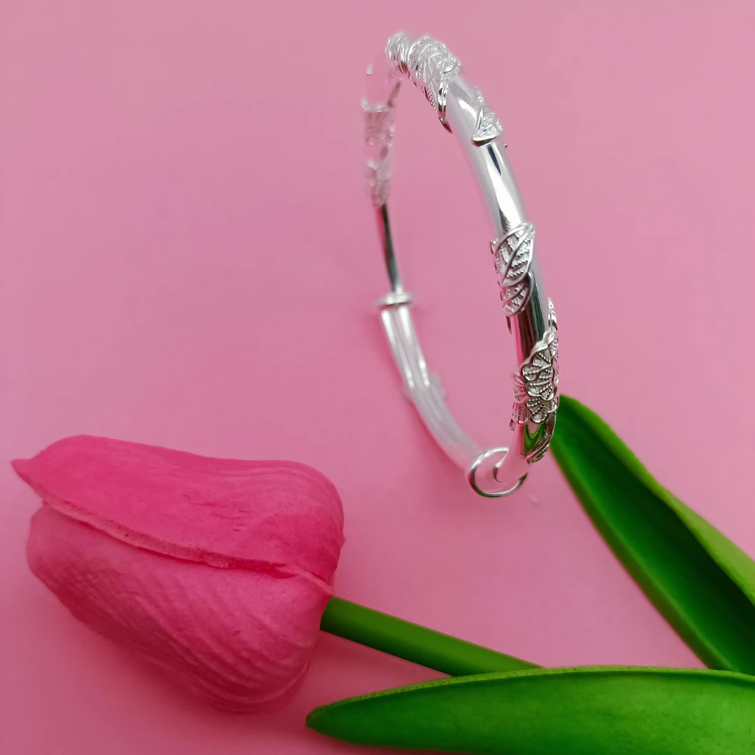 足银手镯 繁花似锦银手镯女纯银足银999镯子送女友生日